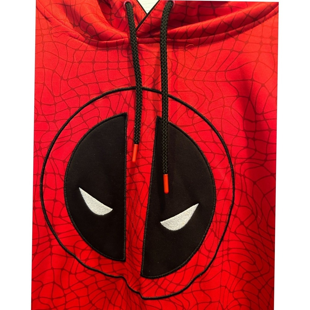 Marvel Deadpool Hoodie Large Mens Red Spider Web Print Embroidered Logo Pullover
